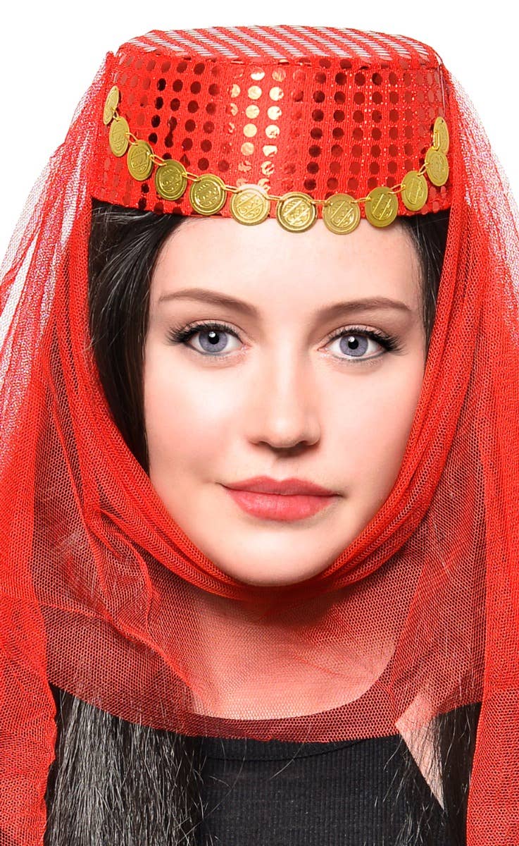 Harem Women's Red Veiled Costume Hat Accessory - Close Up