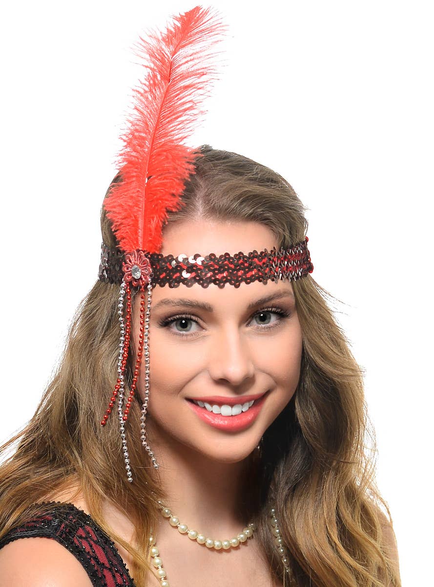 Bright Red 1920s Flapper Headband with Large Feather, Beads and Sequins