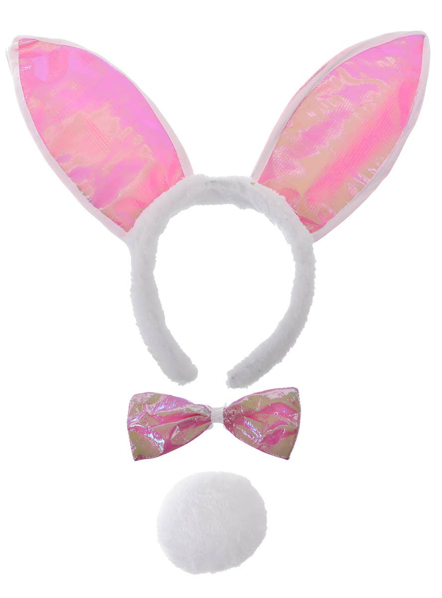 Shiny Iridescent Pink Bunny Ears, Bow Tie and Tail Accessory Set