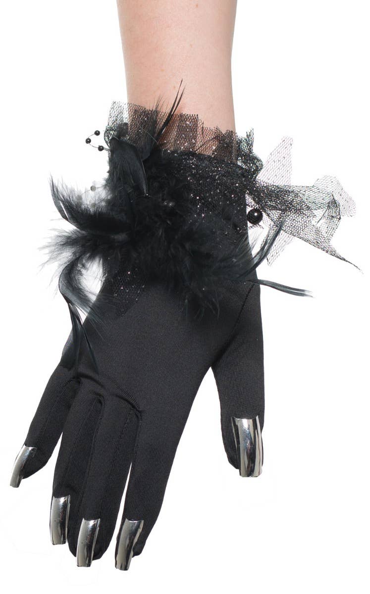 Long Silver Fingernail Witch Gloves | Womens Black Halloween Gloves