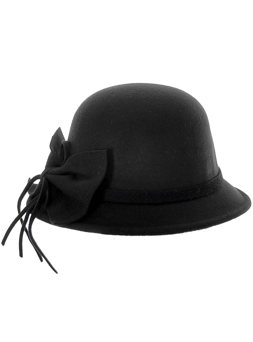Black 1920's and 30's Women's Felt Cloche Costume Hat - Front View