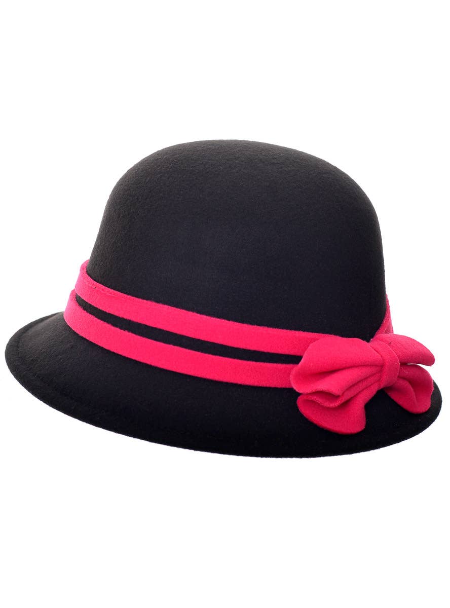 Black Woollen Look 1920's Cloche Costume Hat with Pink Band