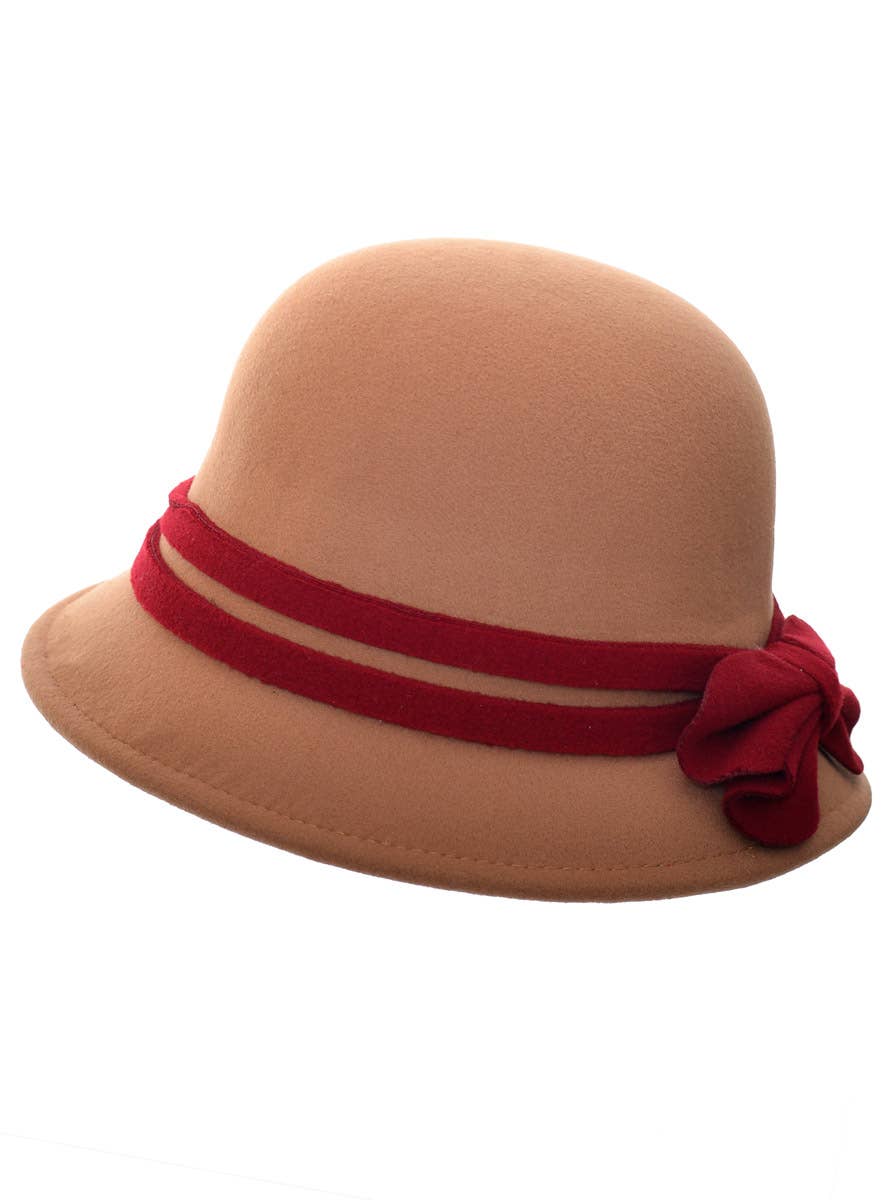 Tan Woollen Look 1920's Cloche Costume Hat with Red Band