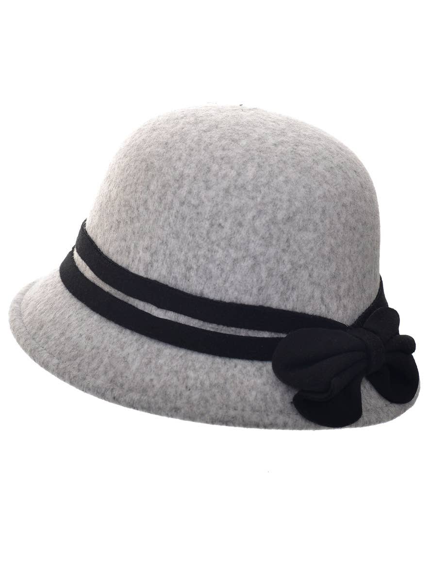 Grey Woollen Look 1920's Cloche Costume Hat with Black Band