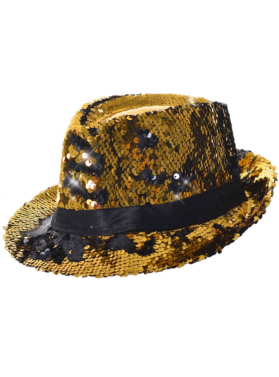 Adults Fedora Hat with Gold and Black Reversible Sequins - Alt Image