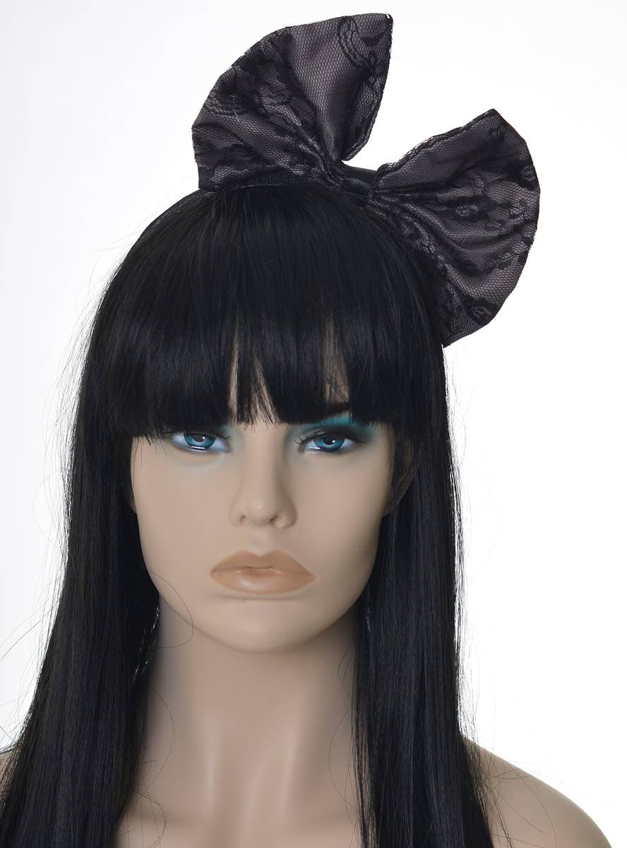 Image of 1980's Grey and Black Lace Bow Costume Headband - Alternate Image