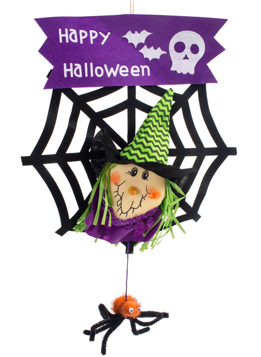 Happy Halloween Child Friendly Sign with Hanging Spider and Purple Witch