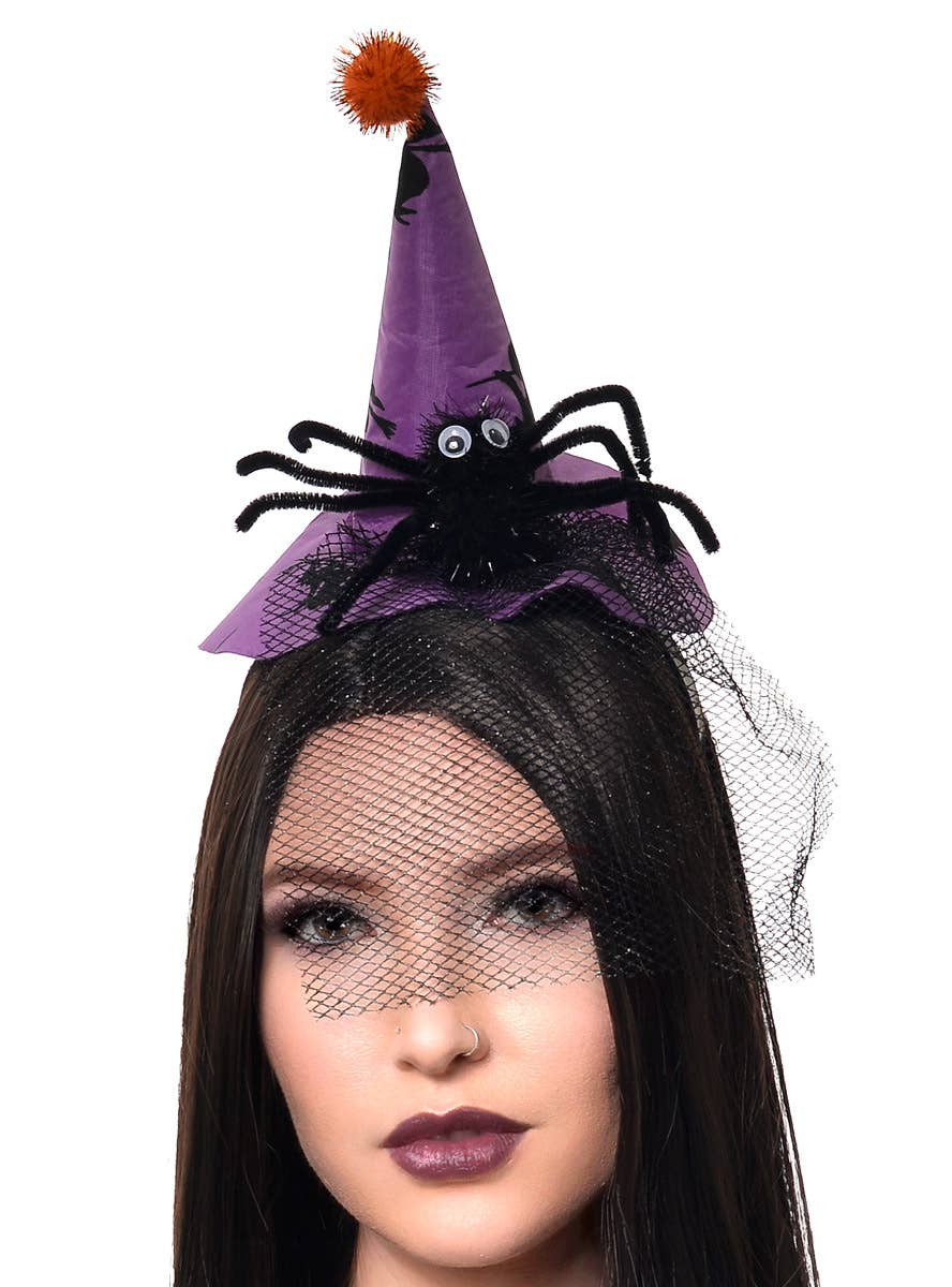 Purple Mini Witch Hat Headband with Spider and Black Veil - Close Image