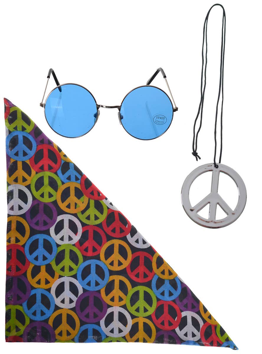 3 Piece 70s Hippie Kit with Bandanna, Glasses and Necklace