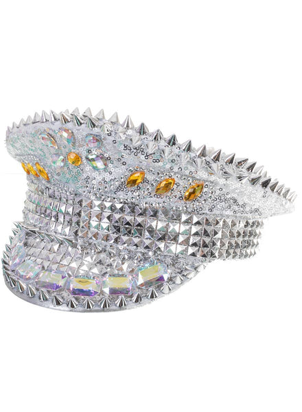 Deluxe Silver Jewelled Festival Hat with Spikes and Studs - Main Image