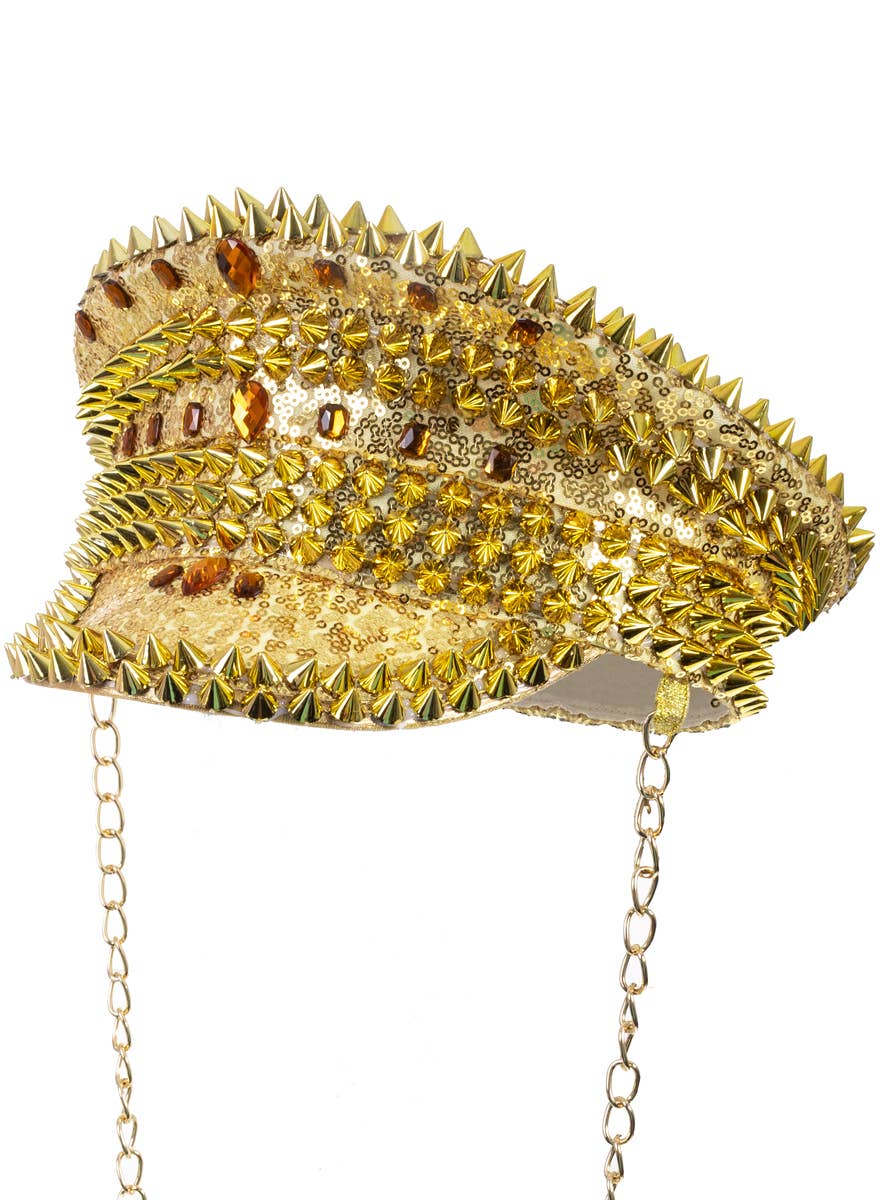 Deluxe Gold Jewelled Festival Hat with Spikes and Chain - Main Image