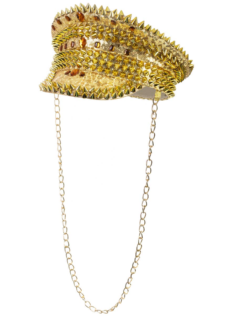 Deluxe Gold Jewelled Festival Hat with Spikes and Chain