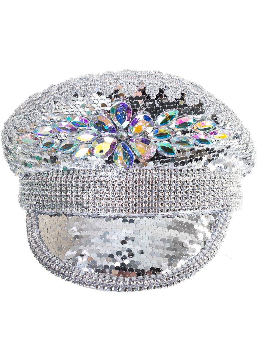 Sparkly Silver Jewelled Peaked Festival Cap