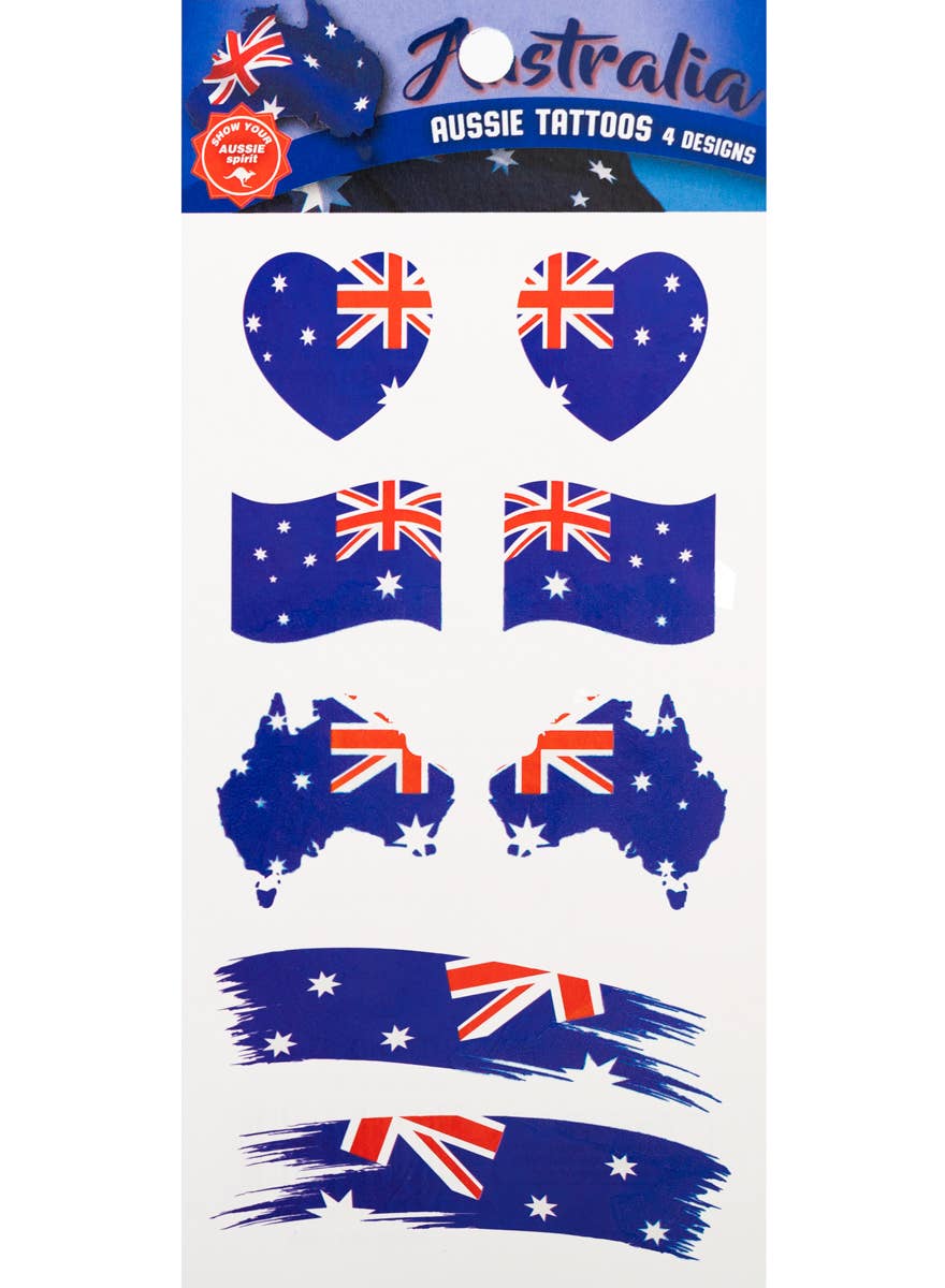 Sheet of Temporary Aussie Flags and Hearts Costume Tattoos - Packaging Image