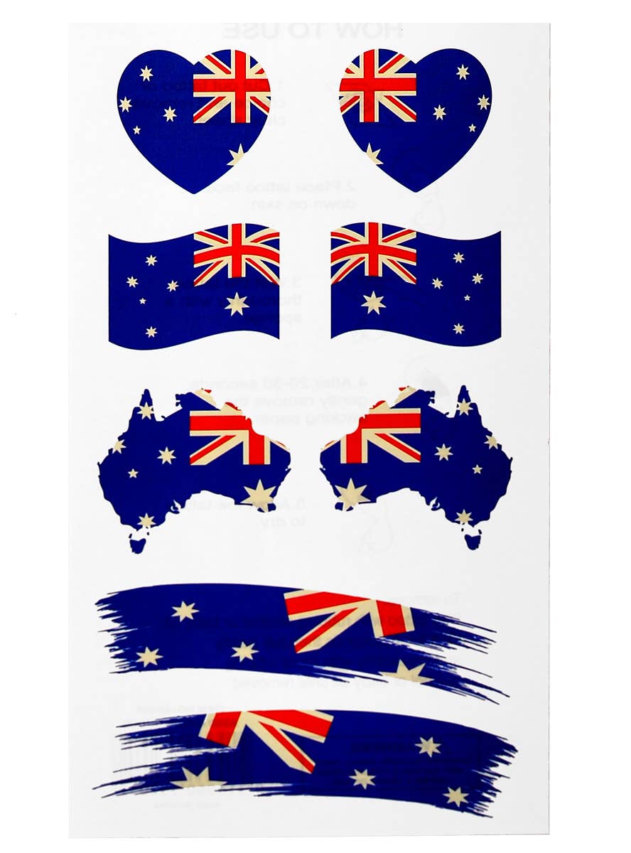 Sheet of Temporary Aussie Flags and Hearts Costume Tattoos - Main Image