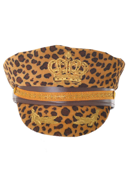 Crushed Leopard Print Velvet Costume Hat with Visor and Crown Embroidery