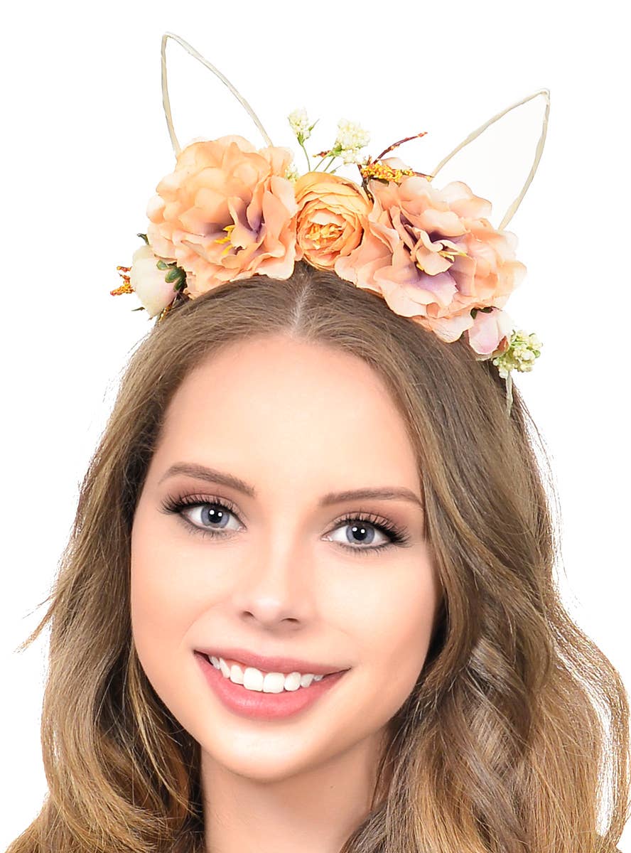 Pastel Orange Flowers and Animal Earrs on Headband Costume Accessory - Main Image