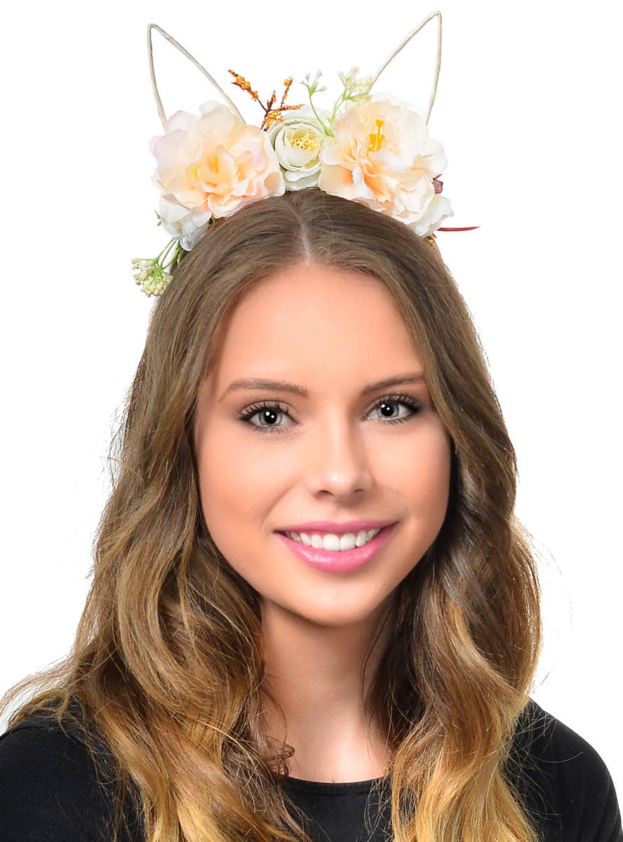 Cream and Yellow Delicate Floral Headband with Cream Bunny Ears