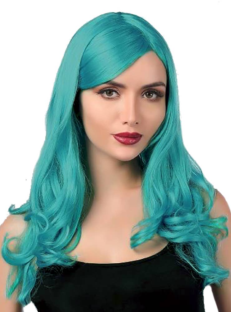 Womens Long Turquoise Blue Costume Wig with Side Fringe