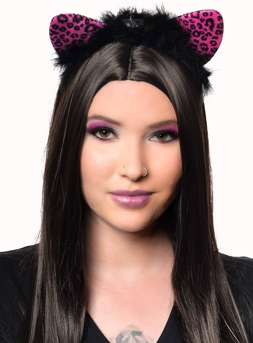 Cat Ears Costume Headband with Pink Leopard Print and Flashing Lights