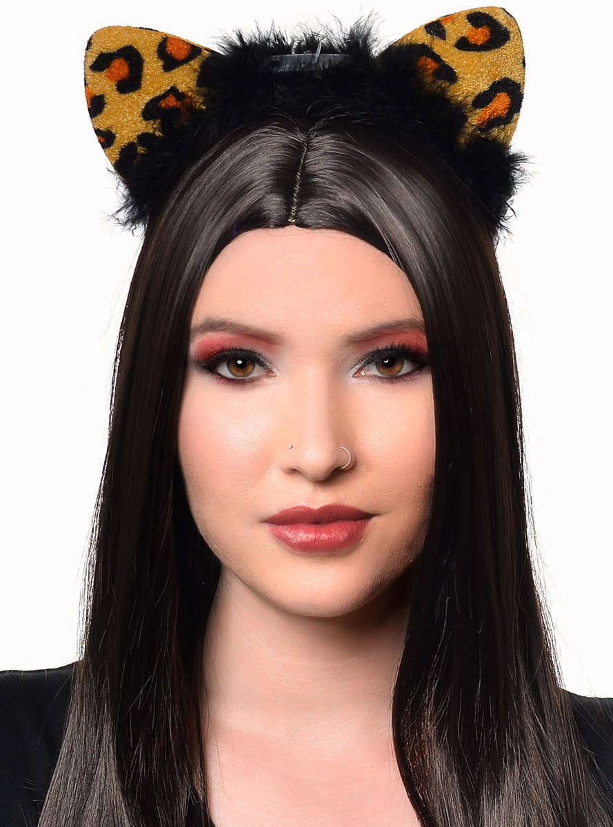 Cat Ears Costume Headband with Brown Leopard Print and Flashing Lights