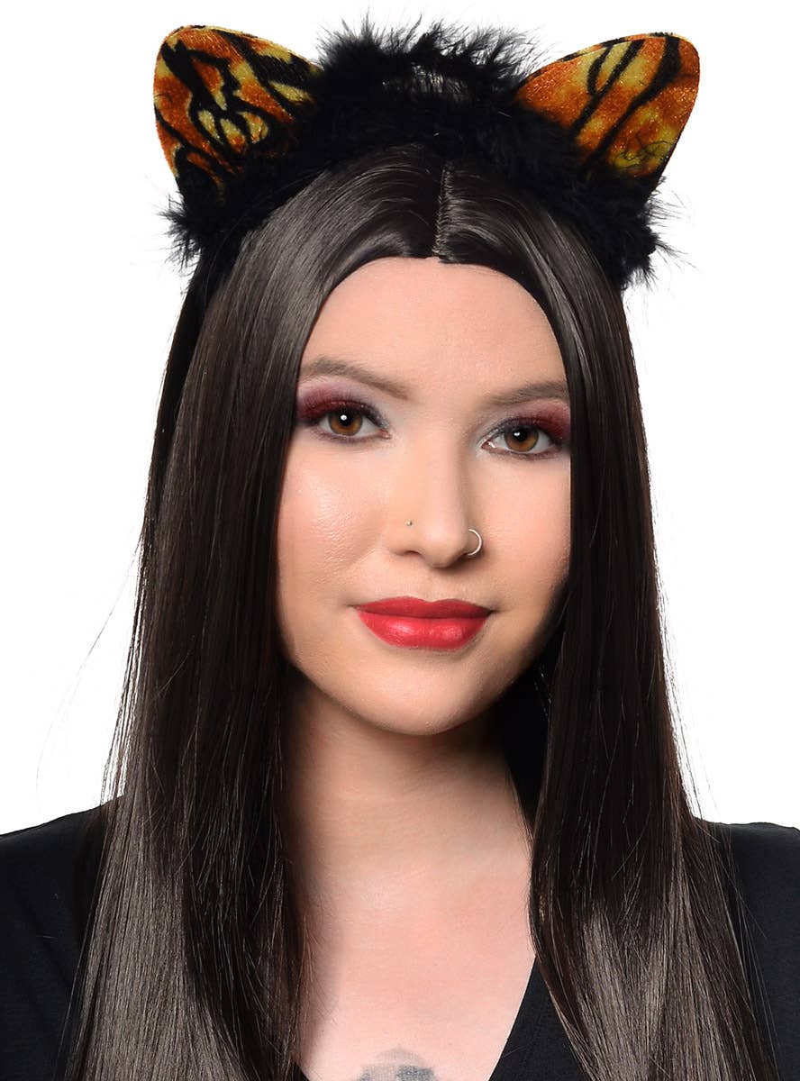 Cat Ears Costume Headband with Orange Tiger Print and Flashing Lights