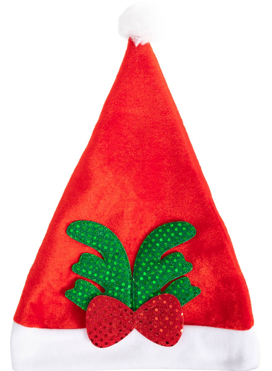 Red and White Santa Hat with Green and Red Sequin Reindeer Antlers Appliqué - Alternative Image