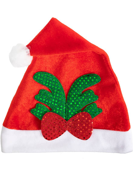 Red and White Santa Hat with Green and Red Sequin Reindeer Antlers Appliqué - Main Image