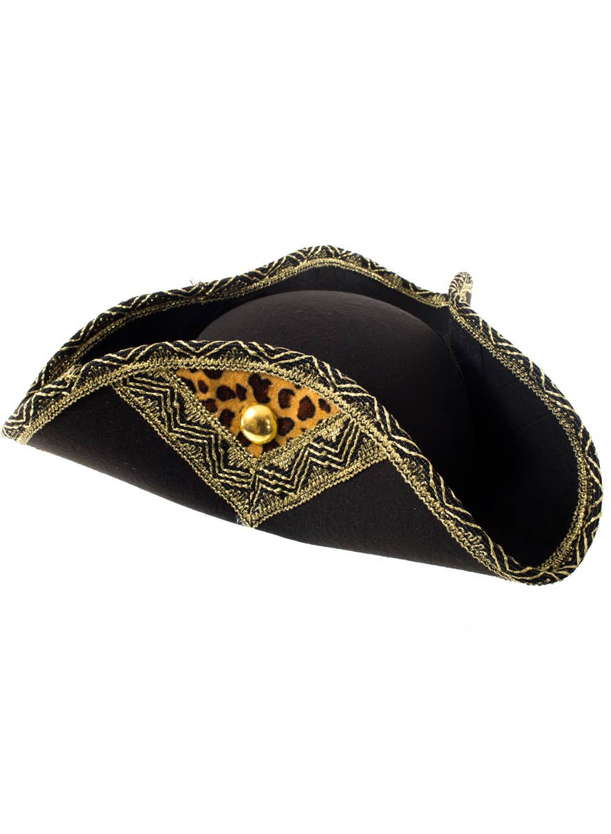 Black Tricorn Pirate Hat with Gold Braid and Leopard Print