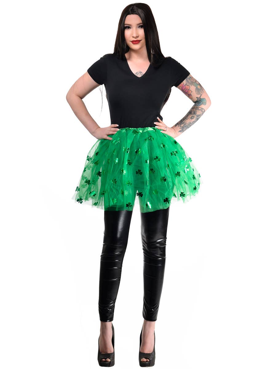 Green Lucky Clover Print Womens St Patricks Day Costume Tutu - Full Image