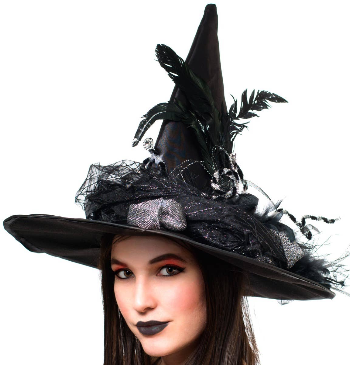 Black Halloween Women's Witch Hat With Silver Flowers and Black Feathers Costume Accessory Close Up Image
