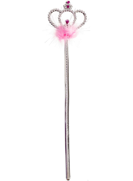 Silver Princess Costume Wand with Crown and Fluffy Pink Feather