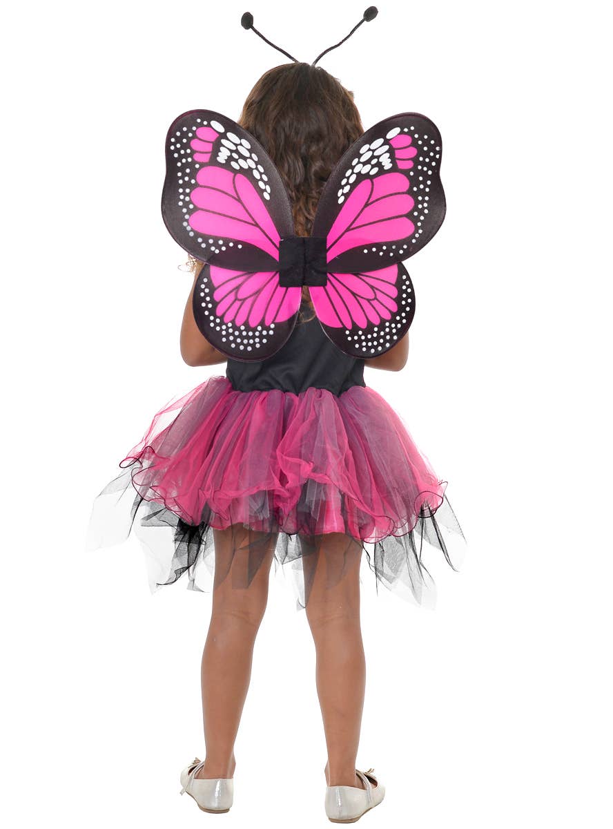 Girl's Pink and Black Fluttery Butterfly Dress Up Costume with Wings and Headpiece - Back View