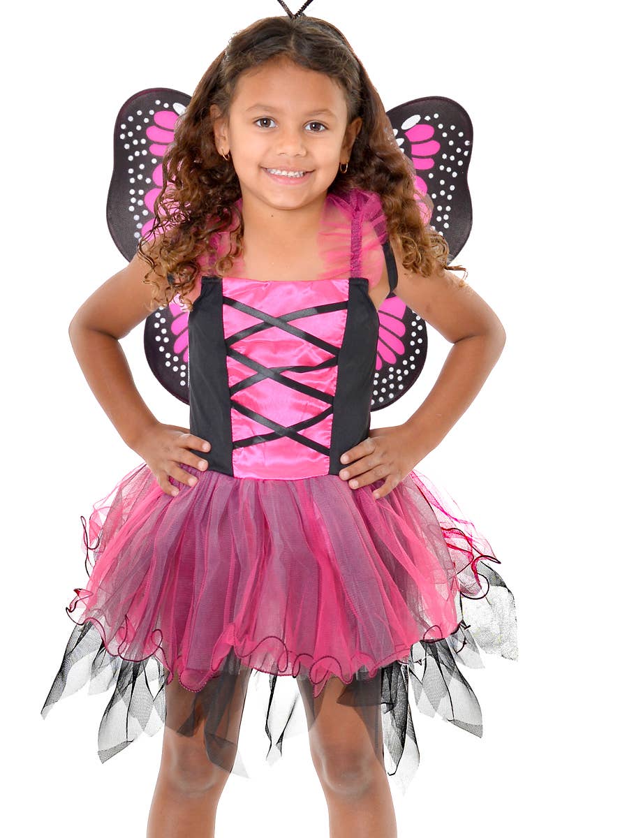 Girl's Pink and Black Fluttery Butterfly Dress Up Costume with Wings and Headpiece - Close View