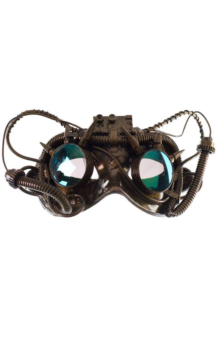 Gold Antiqued Steampunk Masquerade Mask with Mirrored Goggles Party Mask - Main Image