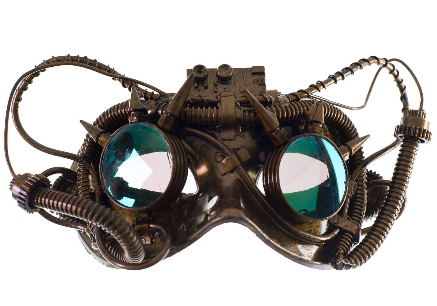 Gold Antiqued Steampunk Masquerade Mask with Mirrored Goggles Party Mask - Close Image