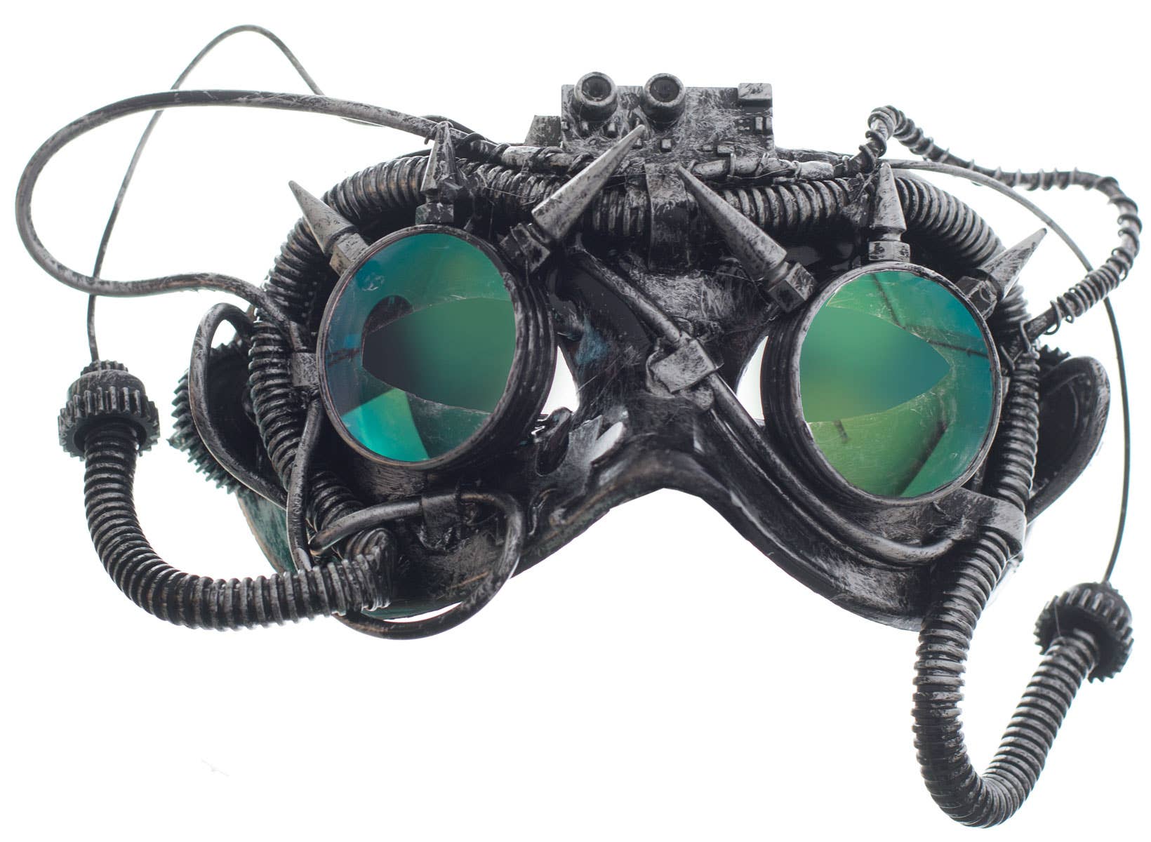 Silver Antique Steampunk Masquerade Mask with Mirrored Spikey Goggles Party Mask - Close Image