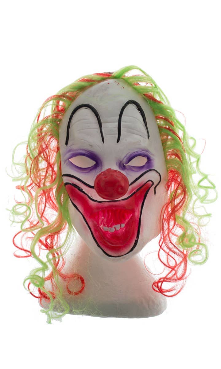 White Novelty Crazy Evil Scary  Halloween Clown Mask Costume Accessory With Attached Green And Red Hair Main Image