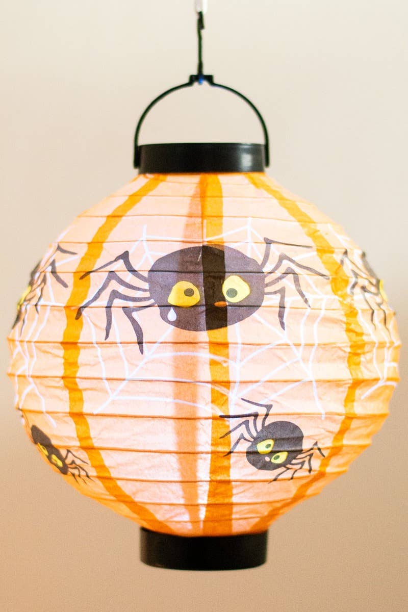 Mini Light Up Spider Print Orange Halloween Lantern - Light Up Image