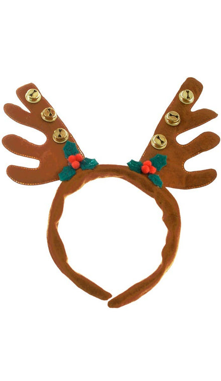 Brown Christmas Reindeer Antlers On Heabdn with Bells and Holly Main Image