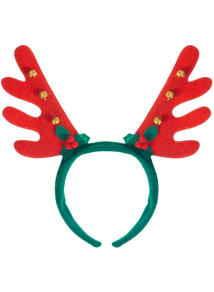 Red Reindeer Antlers on Green Headband with Gold Bells