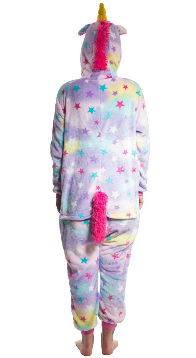 Women's Enchanted Rainbow Star Unicorn Costume Onesie Jumpsuit Back Image