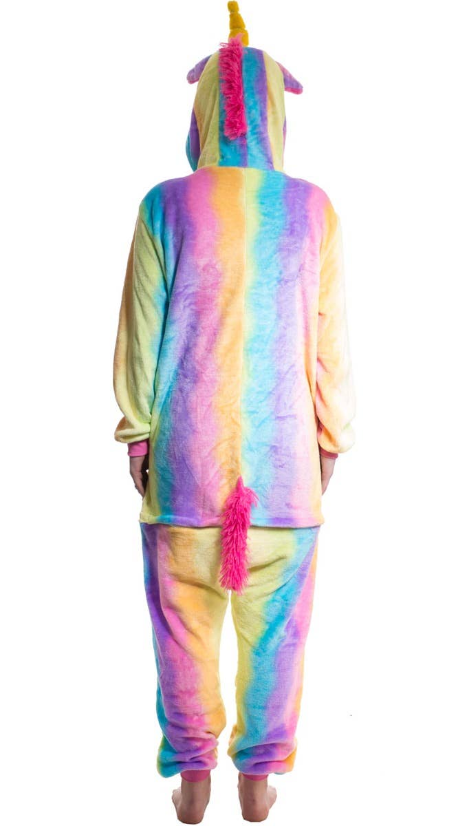 Women's Enchanted Rainbow Striped Unicorn Costume Onesie Jumpsuit Back Image