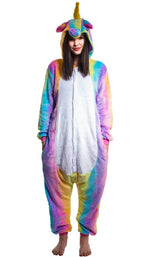 Women's Enchanted Rainbow Striped Unicorn Costume Onesie Jumpsuit Main Image