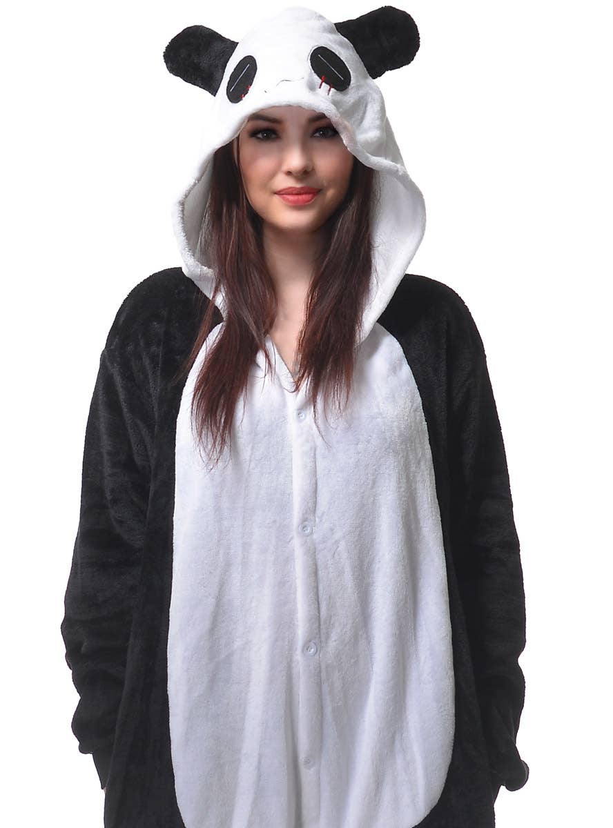 Adult's Cute Black and White Panda Onesie Costume Close Up Image