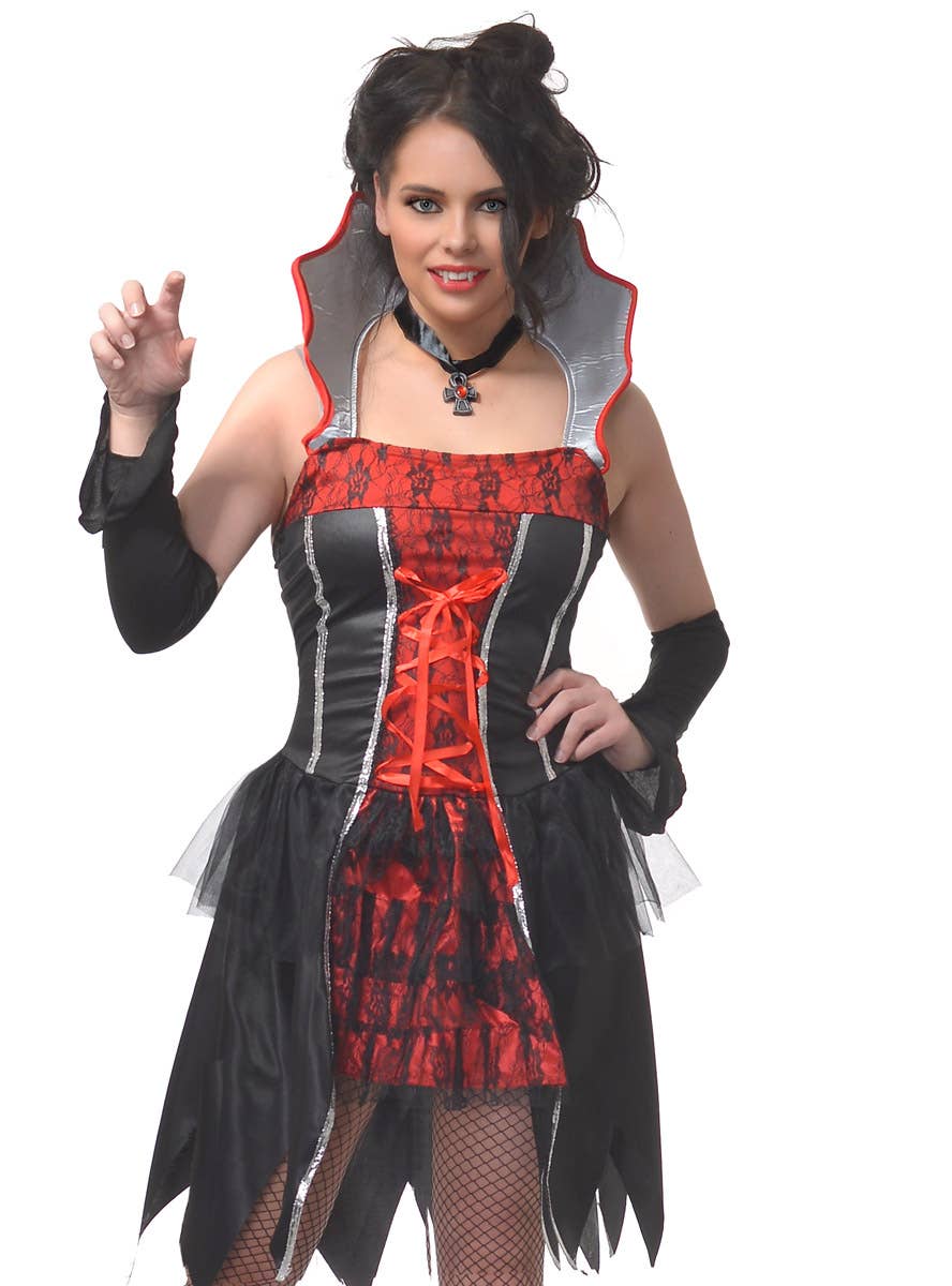 Women's Black and Red Vampiress Halloween Costume - Close View