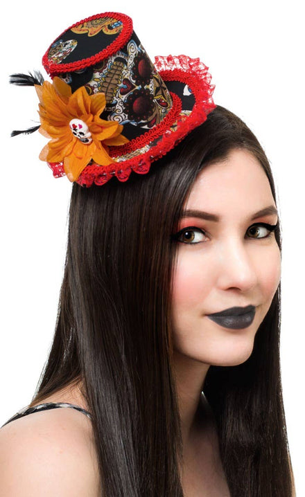 Women's Day of the Dead Sugar Skull Mini Top Hat Costume Accessory Main Image