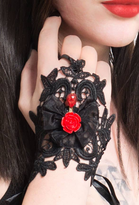 Red and Black gothic wrist cuffs vampire costume accessory Close image