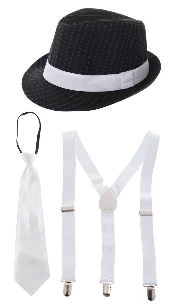 Mens 1920s Gangster Costume Accessory Set Including Hat Tie and Suspenders- Accessory Image