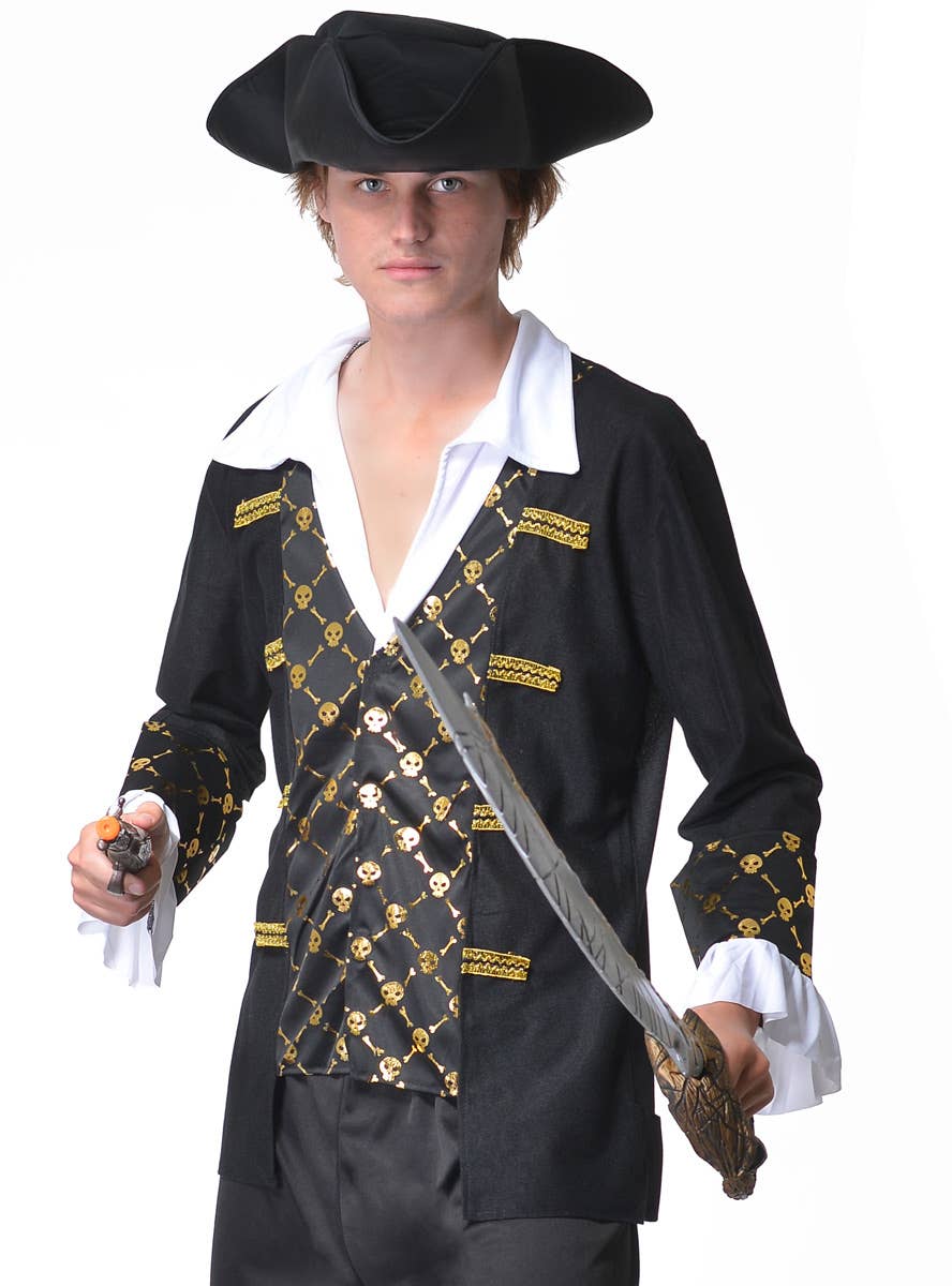 Black Seas Pirate Men's Black and Gold Pirate Costume - Close Up  Image